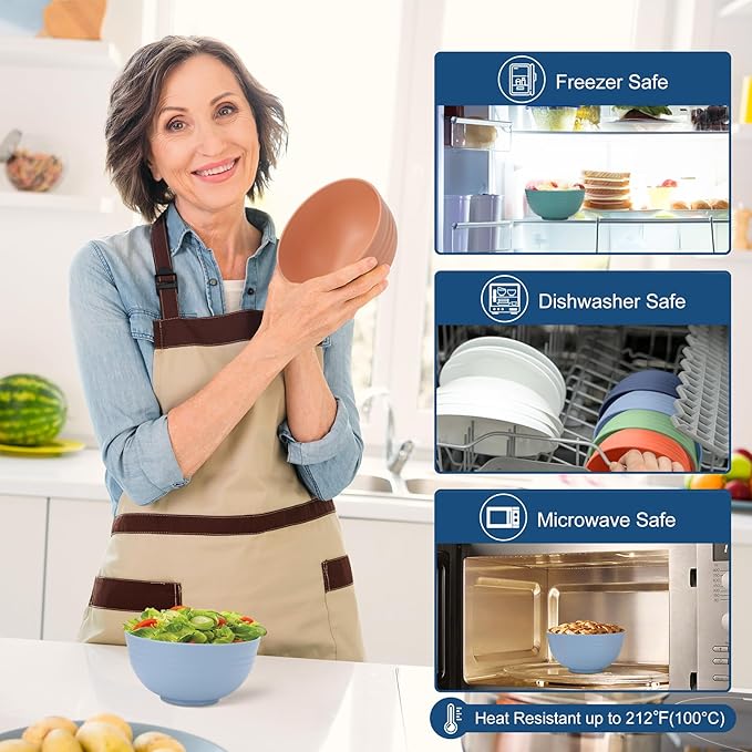 HOTEC 12-PACK BPA Free Unbreakable Plastic Cereal Bowls - Microwave & Dishwasher Safe Soup Salad Camping Bowls, 26OZ, Multicolor