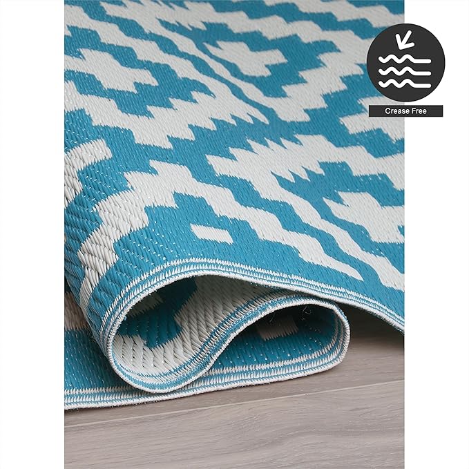 FH Home Outdoor Rug - Waterproof, Fade Resistant, Reversible - Premium Recycled Plastic - Geometric - Patio, Porch, Deck, Balcony - Aztec - Teal & White Crease Free - 5 x 8 ft