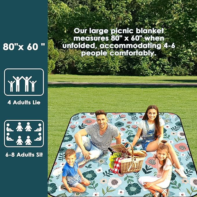 80"x60" Waterproof Picnic Blanket Large Outdoor Camping Blanket Foldable Picnic Camping Blanket Thicker Machine Washable Picnic Mat Portable Wearable for Picnics, Camping