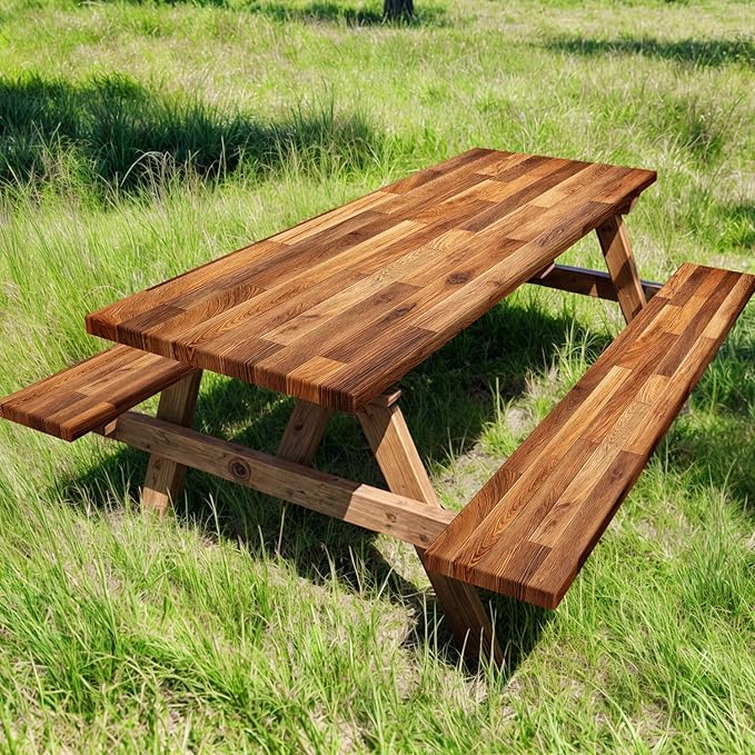 JAWO Picnic Table Covers with Bench Covers Wooden Pattern Camping Tablecloth 8FT for 8 Person Fitted Picnic Table Cover with Elastic Windproof Waterproof Fabric, Camping Accessories Patio & Outdoor