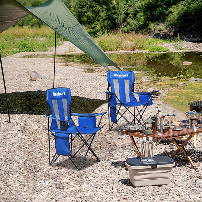 Nazhura 4 Pack Outdoor Camping Chairs Folding/Foldable/Portable with Cooler Pouch, Mesh Backrest and Cup Holder Pocket(Blue, 4 Pack)