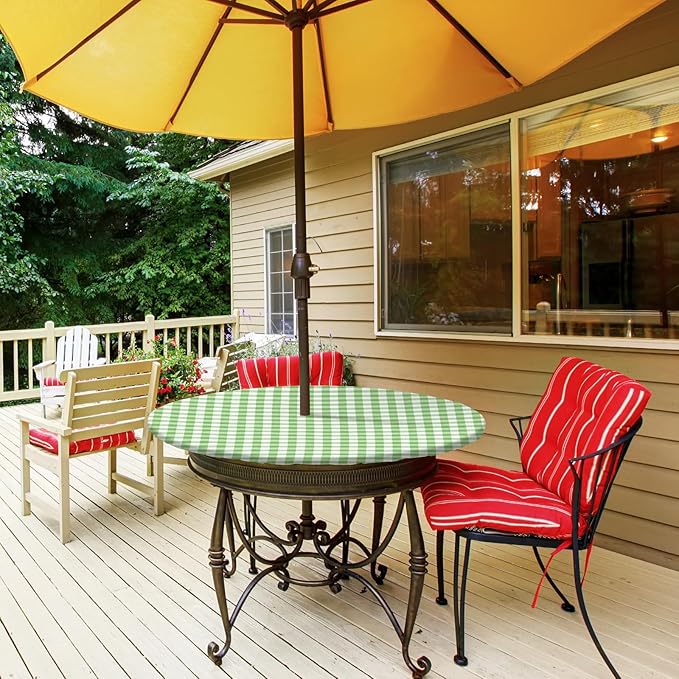 2 Pcs Round Outdoor Tablecloth with Umbrella Hole - Anti-Wrinkle Polyester Tablecloth with Elastic Zipper Table Cover for Summer Patio Camping Party(45''-53'',Plaid)