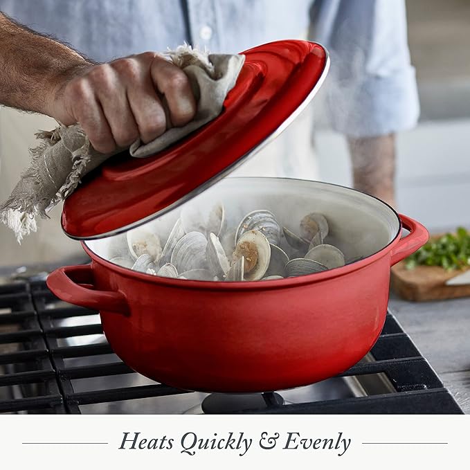 Merten & Storck 5.3QT Round Dutch Oven Casserole Pot with Lid, European Crafted Enameled Iron Stockpot, Induction & All Cooktops, Braising, Stews, Roasting, Slow Cooking, Sourdough, Foundry Red