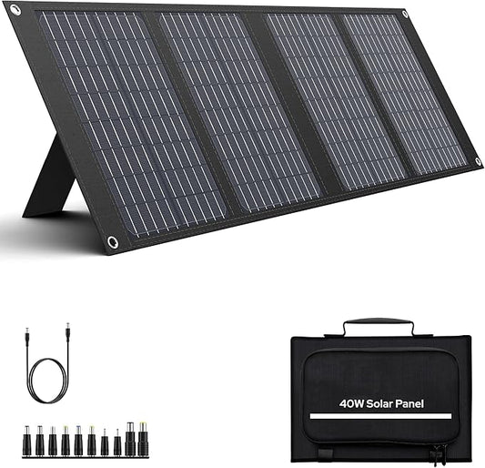Apowking Portable Solar Panels 40W, Foldable Solar Panel Charger for 100-300W Portable Power Station, with Adjustable Kickstands, DC 18V Output, USB 3.0 and Type-C Ports for Camping Van RV Trip