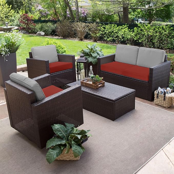 Favoyard Outdoor Chair Cushion 24 x 24 x 4 Inch Rainproof & 3-Year Fade Resistant Patio Furniture Cushions with Removable Cover and Adjustable Ties for Garden Sofa Couch Pads Set of 2, Red