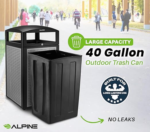 Alpine Outdoor Commercial Trash Can with Lid - 40 Gallon Heavy Duty Metal Garbage Can with Removable Bin, Locking Lid for a Modern Look in Parks, Malls, Parkings & High Traffic Areas (Black & Grey)