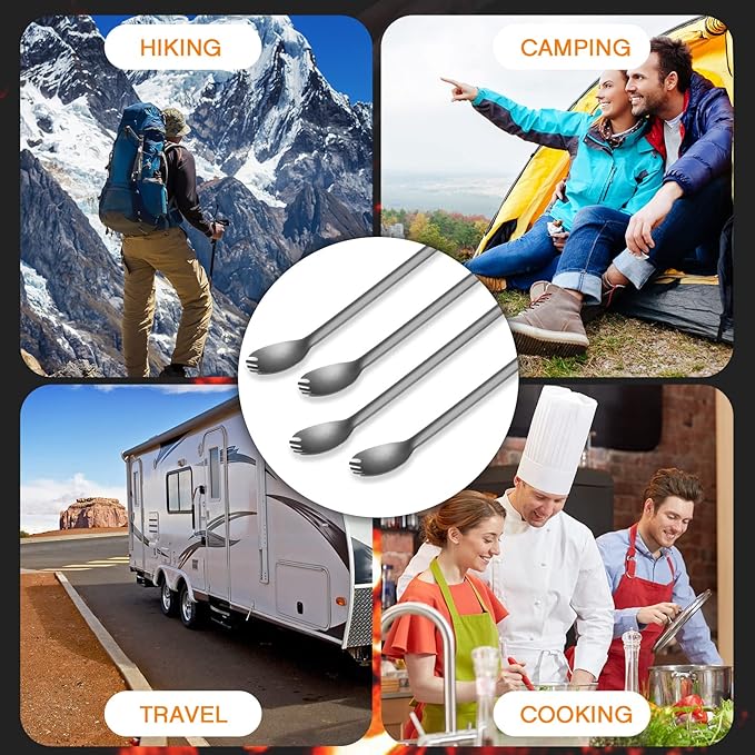 4 Pieces Titanium Long Handle Spork and Spoon Ultralight Portabale Flatware 8.7 Inch Soup Spoon Camping Spork for Outdoor Camping Backpacking Hiking Travel Picnic Tableware (Silver)