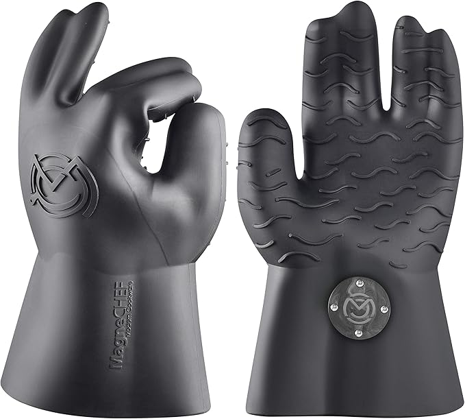 Magnetic BBQ Grill Gloves – Heat Resistant, Patented Magnetic Safety Clip Easy On & Off, Firefighter-Designed, Dishwasher-Safe, Waterproof, Perfect for Grilling, Smoking, Frying, Baking