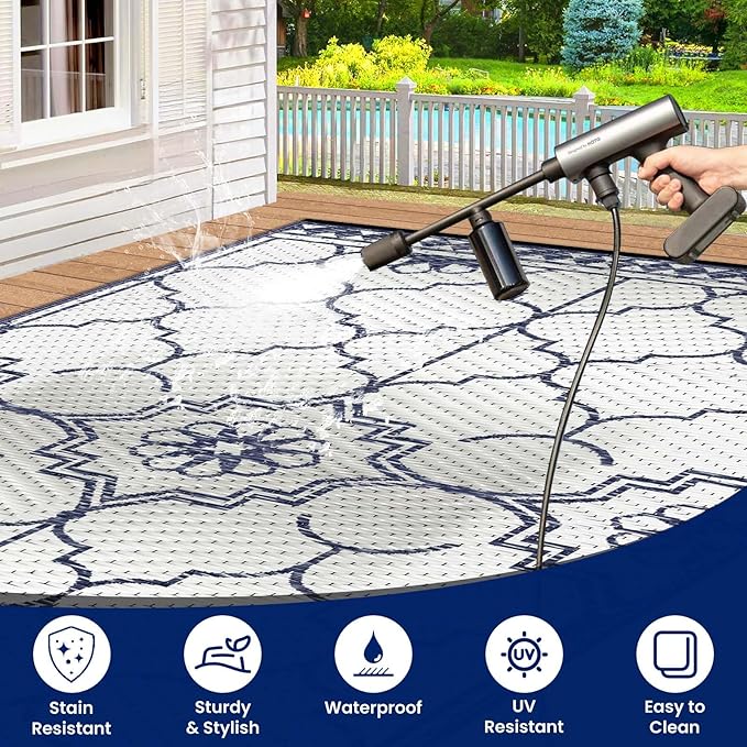 6x9Ft Outdoor Rug, Solar Powered Outdoor Rug with 94LEDs Strip Lights for House Deck, Waterproof Plastic Reversible Outdoor Straw Rugs, Rugs Mat RV Camping Patio Beach Balcony Picnic (Blue White)
