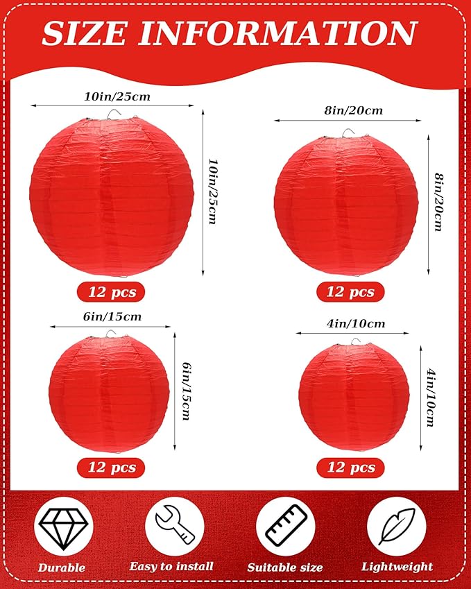 Treela 48 Pcs Paper Lanterns Party Decorations Chinese Round Paper Lanterns 4/6/8/10 Inch Asian Hanging Lamps Decorative for Birthday Party Supplies(Red)
