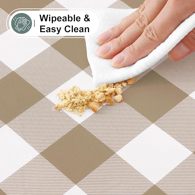 misaya Buffalo Rectangle Picnic Tablecloth, 5 Foot Elastic Fitted Vinyl Table Cloth with Flannel Backing, Waterproof Plaid Table Covers for Dining, Camping, Outdoor (Khaki and White, 36" x 60")