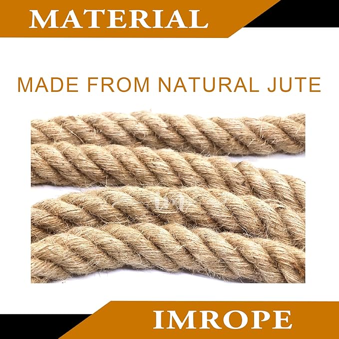 3/4 Inch Jute Rope 100 Ft, IMROPE Natural Rope Twisted 4 Strands for DIY Arts Crafts, Garden, Home Decorating, Hammock