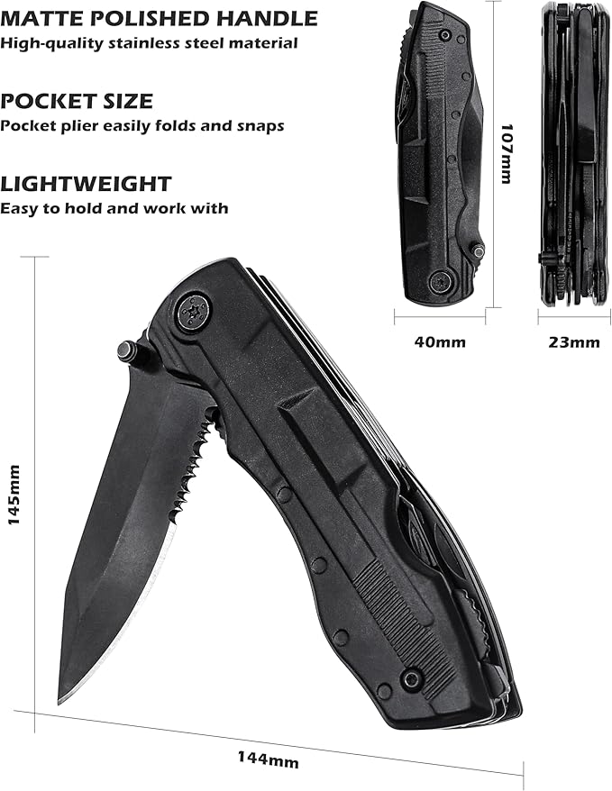 Rush Deer Pocket Knife - Folding EDC Multitool for Men, Small and Versatile Camping, Fishing, and Hiking Accessories Set (Matte Black)