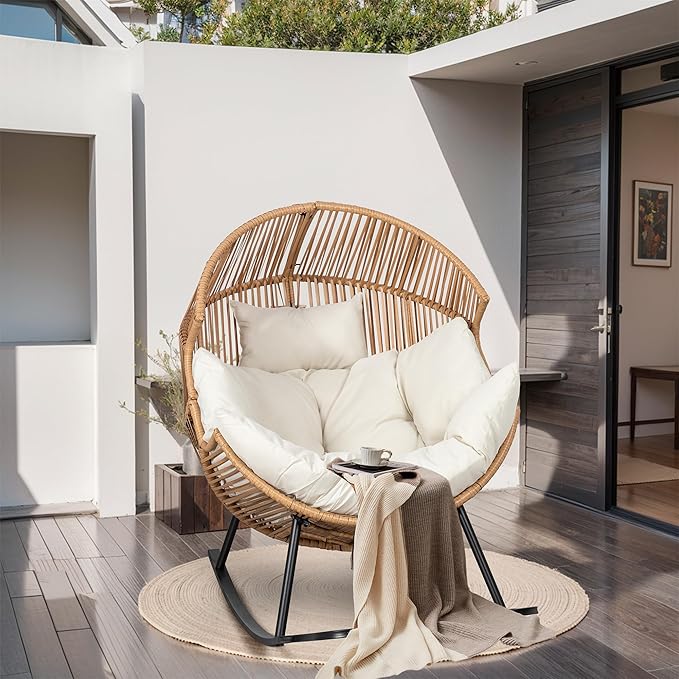 JAMFLY Egg Chair Outdoor Rocking Chairs, Wicker Patio Chair Oversized Lounger Chair with Cushion for Indoor Living Room Bedroom Outside Patio Backyard Balcony, Beige