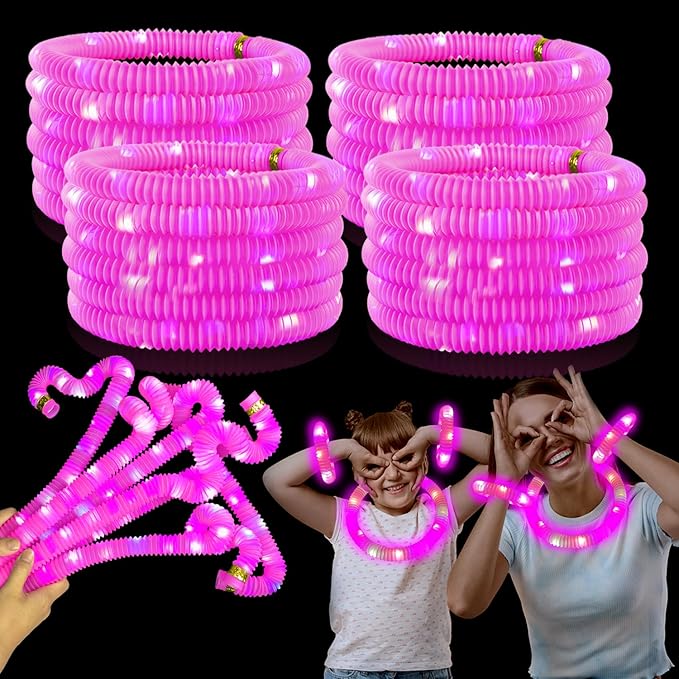 Pink Glow Sticks Party Favors for Kids 24 PCS,LED Light up Pop Tubes for Toddlers, Neon Necklaces Bracelets Accessories, Glow Birthday Wedding Dance Party Supplies Camping Toys Decorations