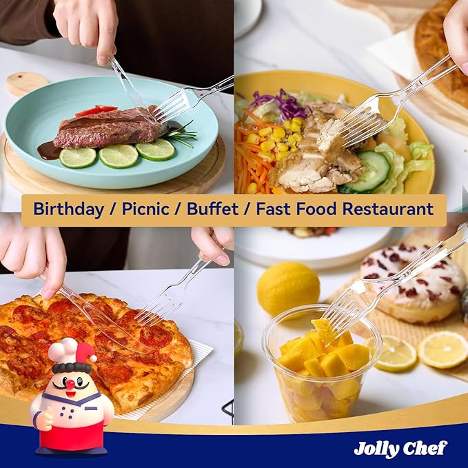 JOLLY CHEF 300 Count Clear Plastic Forks Heavy Duty, 7.1" Heat Resistant Solid and Durable Plastic Forks Disposable, Disposable Bulk Cutlery Perfect for Parties Supply Events Everyday Use