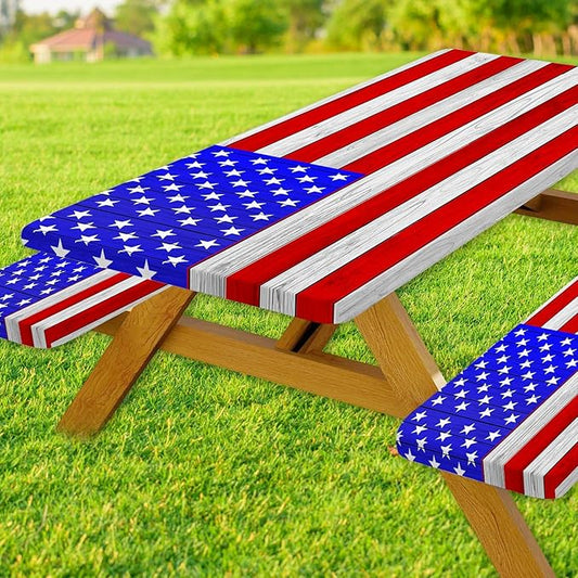 JAWO American Flag Picnic Table Cover with Bench Covers Vintage Camping RV Essentials Waterproof Windproof Fitted Outdoor Tablecloth with Elastic Rectangle Table Cloth Camping Accessories, 30x72in