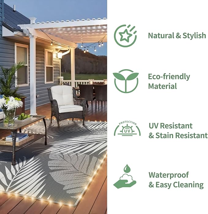GENIMO Outdoor Rug 9' x 12' Waterproof for Patios Clearance, Reversible Outdoor Plastic Straw Camping Rug Carpet with LED String Light, Area Rugs Mats for RV, Camper, Deck, Balcony, Porch, Grey&White