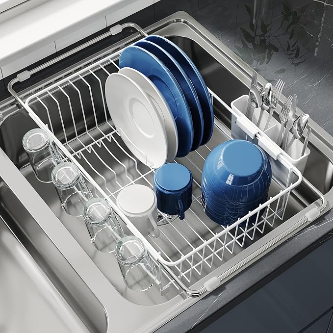 Dish Drying Rack in Sink, Small Dish Drainers for Inside Sink, Over The Sink Dish Racks, Stainless Steel Drying Rack with Utensil Holder, White