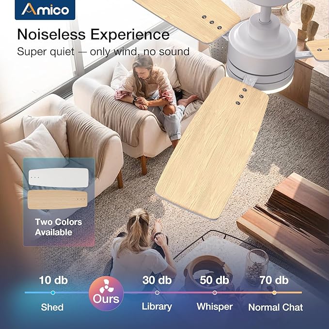 Amico Ceiling Fans with Lights, 52 Inch Ceiling Fan with Light and Remote Control, White Fan, Reversible, 3CCT, Dimmable, Noiseless, Ceiling Fan for Bedroom, Indoor/Outdoor Use