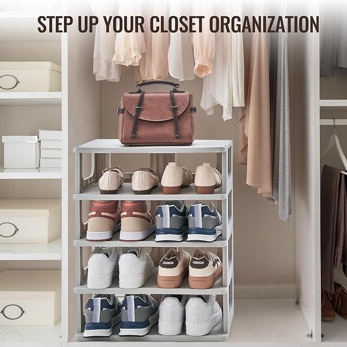 TRZZ 5-Tier Small Shoe Rack, Vertical Narrow Stackable Organizer with Removable Partition, Efficient Shoe Storage for Closet, Entryway, and Small Spaces (Grey)