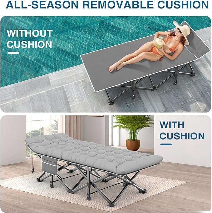 ZENPETIO Camping Cots for Adults, Portable Folding Sleeping Cot with Carry Bag, 1200D Double Layer Oxford Ultra Soft Cot Bed with Mattress, Tent Cot for Travel Office Hospital, Support 500lbs, Gray