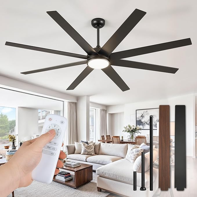 74 Inch Ceiling Fans with Lights and Remote, Black Indoor/Outdoor Ceiling Fan with Quiet Reversible DC Motor, 6 Speeds, 3CCT, 8 Blades Large Ceiling Fan for Living Room Bedroom Patio