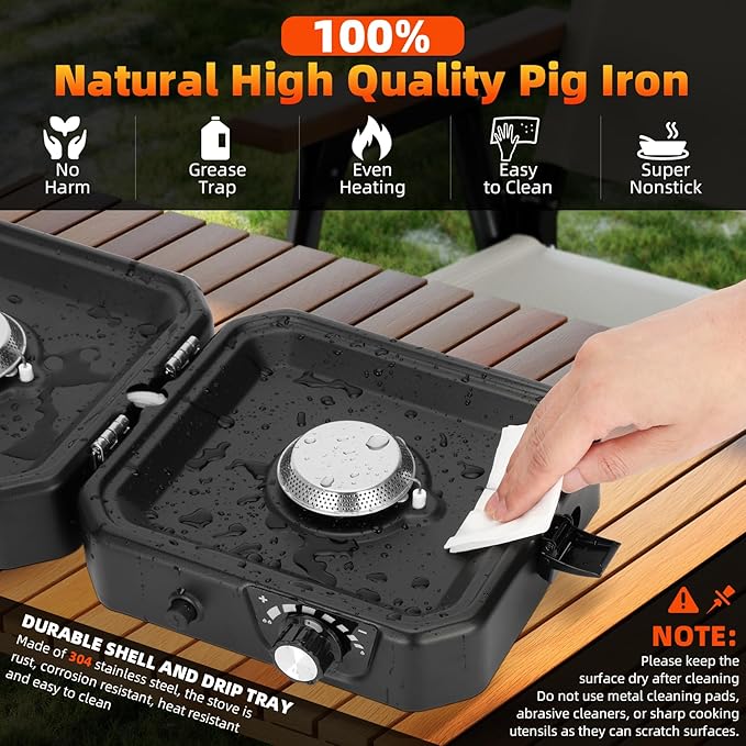2 Burner Propane Stove Compatible with Propane Cylinders,2 Burner Camp Stove with Griddle and 16000 BTU Adjustable Burners,Portable Camping Stove Propane with Carry Bag and Handle for Camping (Black)