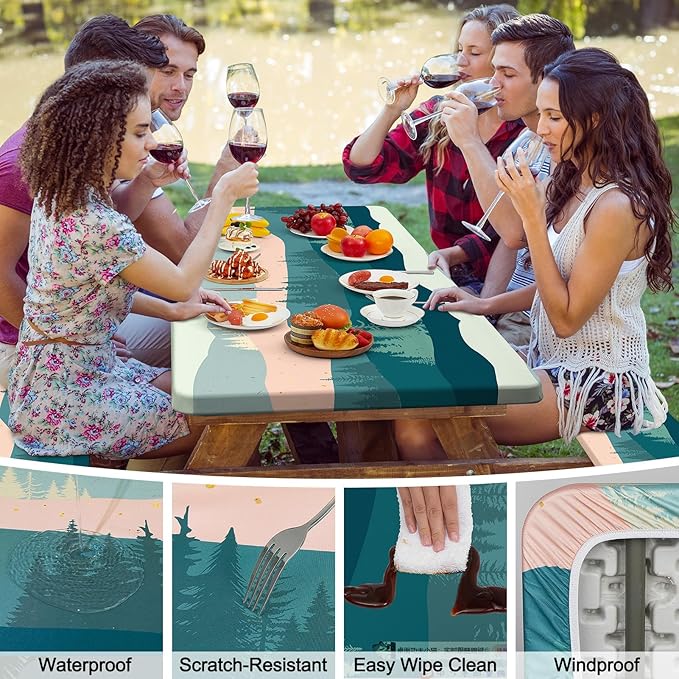 Picnic Table Cover with Bench Covers Camping Tablecloth with Storage Bag Windproof Waterproof Picnic Table Covers with Elastic for Camping
