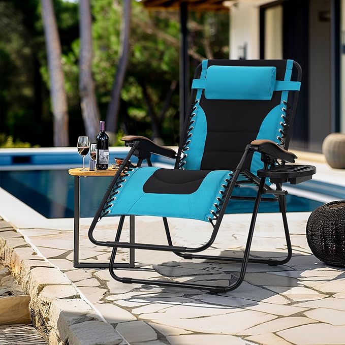 MFSTUDIO Zero Gravity Chairs Set of 2, XL Oversized Outdoor Anti Gravity Chair, Patio Lounge Folding Adjustable Chair with Cup Holder & Padded Headrest, Support 400lbs,Pacific Blue