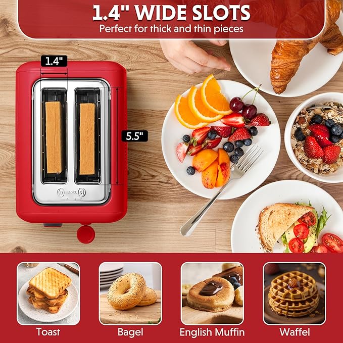 BUYDEEM DT620 2-Slice Toaster, Extra Wide Slots, Retro Stainless Steel with High Lift Lever, Bagel and Muffin Function, Removal Crumb Tray, 7-Shade Settings,Red