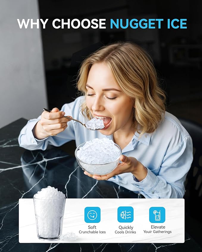 EUHOMY Smart Nugget Ice Maker Countertop, Portable Sonic Ice Maker with APP Control, 40lbs/24H, Ready in 8 Mins, Self-Cleaning, Pebble Ice Machine with Hanging Ice Scoop for Home/Kitchen/Office