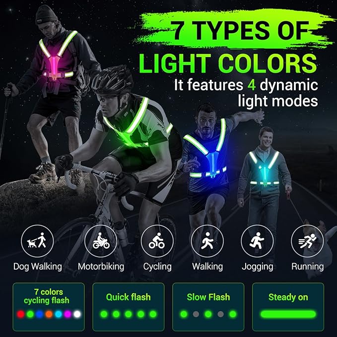 Led Reflective Vest Running Gear，7 Lights Colors Light Up Running Vest, Rechargeable High-Visibility Adjustable Vest for Running, Cycling, and Night Activities（Green）