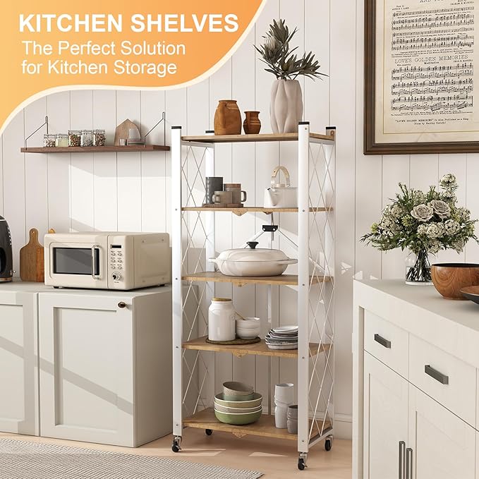 5-Tier Foldable Storage Shelves with Wheels, Folding Metal Shelf Unit, Folding Bookshelf no Assembly, Collapsible Shelves for Craft Shows for Kitchen, Bedroom, Living Room, Natural