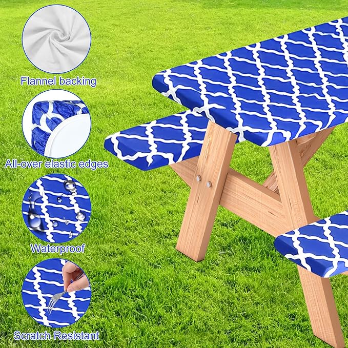 3 Pcs Set Fitted Picnic Table Cover with Bench Covers Vinyl Camping Table Cloth Flannel Backing Picnic Table Cloth for 6ft Tables Camping Outdoor (Blue Morocco, 30 x 72 Inches)