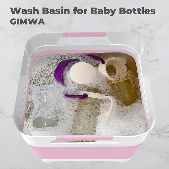 Wash Basin for Baby Bottles, Foldable, Versatile Wash Tub for Kitchen, RV, Outdoor Camping Sink, Sturdy & Easy to Clean, Space Saving Plastic Dish tub (Pink)