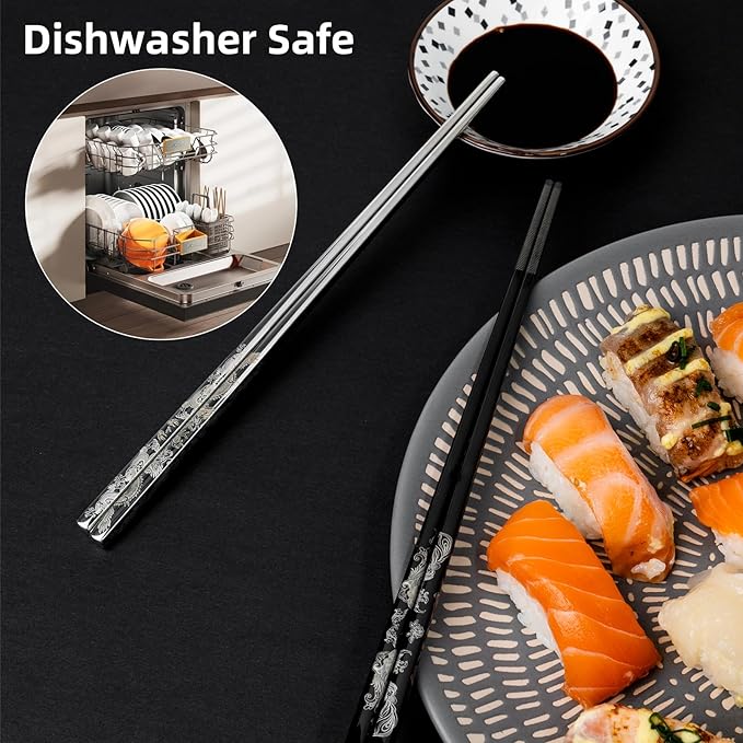 Reusable Metal Chopstick, Laser-Engraved Non-Slip Grip, Dishwasher Safe, Japanese & Korean Style, 2 Pairs Stainless Steel Chopsticks Gift Set for Cooking, Dining & Travel (9")