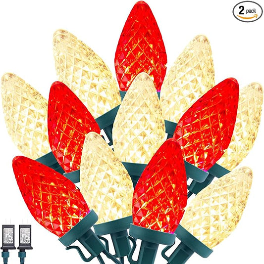 2 Pack C9 LED Christmas String Lights - Each 82ft 100 LED Outdoor String Lights with Timer and 8 Lighting Modes, Plug in Extendable Roofline Lights String for Outside Yard Christmas Holiday Decoration