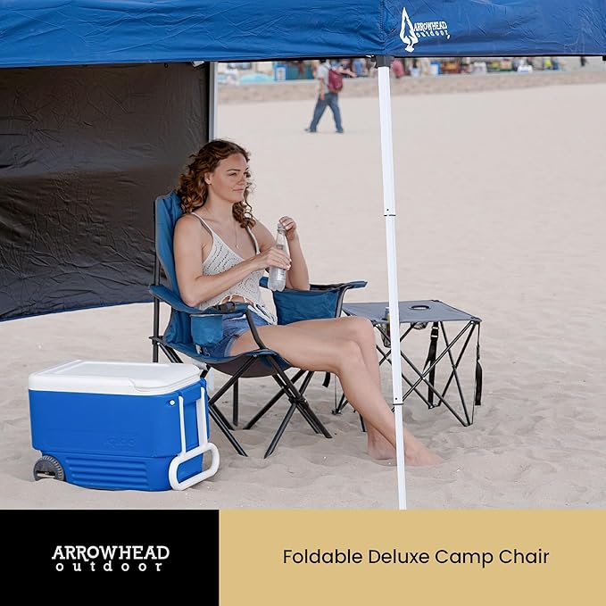 ARROWHEAD OUTDOOR Portable Folding Camping Quad Chair w/ 6-Can Cooler, Cup & Wine Glass Holders, Heavy-Duty Carrying Bag, Padded Armrests, Headrest & Seat, Supports up to 550lbs, USA-Based Support