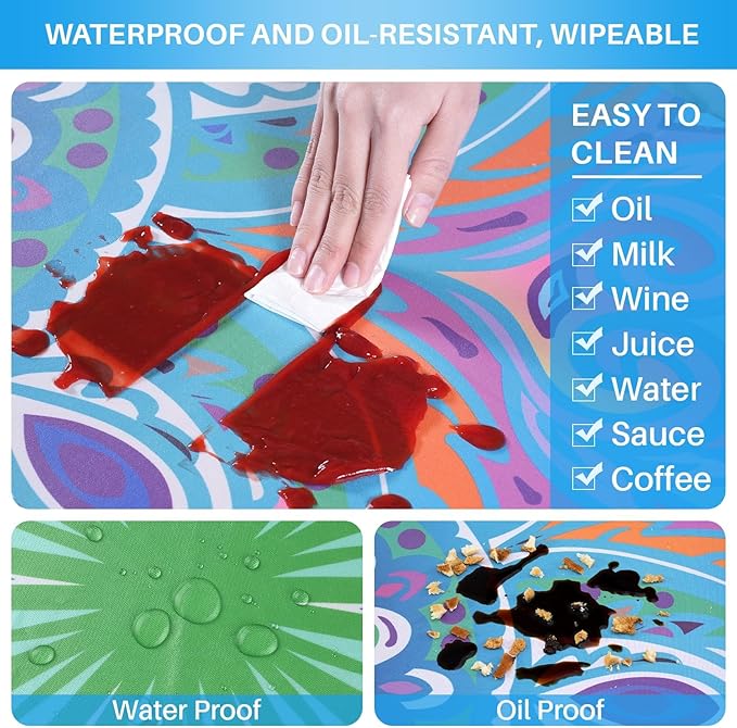 8Ft Fitted Elastic Picnic Table Cover with Bench Covers Vinyl Reusable Boho Large Waterproof Stain Resistant Camping Tablecloths Holiday Festival Decor for Camp Outdoors Parties Trips Garden