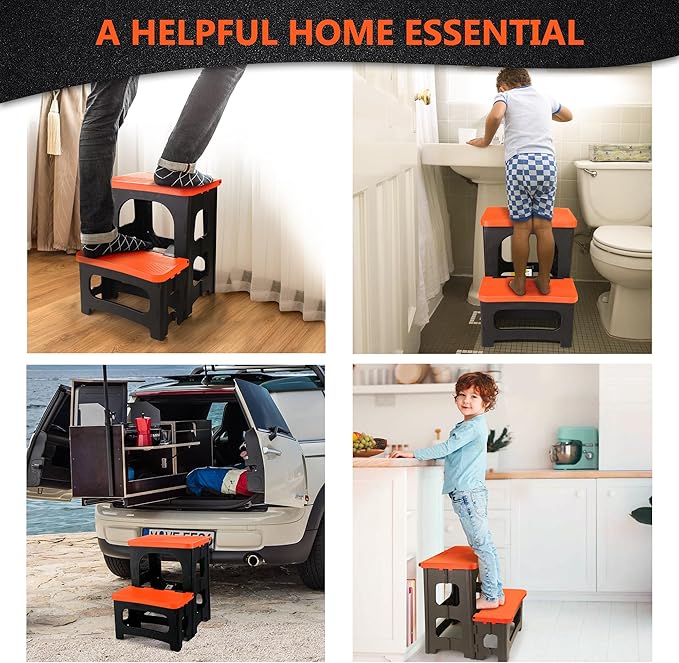 Folding 2-Step Stool, Non-Slip Portable Footstool 8" & 17" Dual Heights, Holds 250 lbs, Portable Footstool for Kitchen Home Toilet Bedroom Office Bathroom RV(Orange)