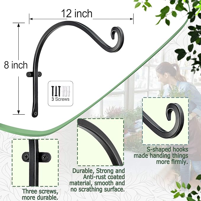 AJART Hanging Plant Hanger Outdoor: 12-Inch Bird Feeder Wall Hooks - Black Metal Plant Bracket Hook for Hanging Flower Baskets
