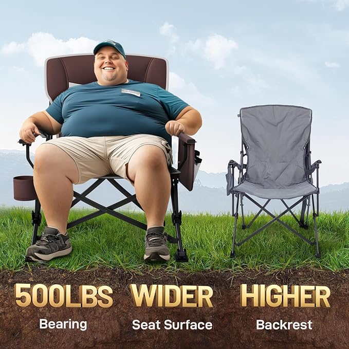 EVER ADVANCED Oversized Folding Camping Chair for Adults, Heavy Duty Lawn Chair with Side Pockets, Portable Collapsible Quad Chair for Outside, Support Up to 500lbs