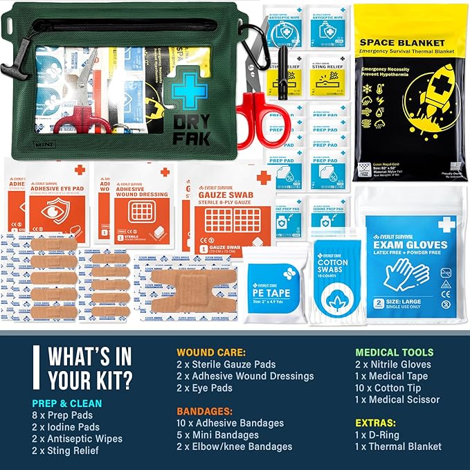 EVERLIT Ultralight Waterproof First Aid Kit, Boat First Aid Kit, Marine Medical Kit for Boating, Kayak, Backpacking, Hiking, Camping, Emergency Kit (Green)