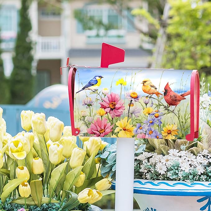 Hummingbird Bird Mailbox Covers Magnetic Spring Blooming Flowers and Birds Decorative Waterproof Mailboxes Wraps Letter Post Box Cover Oversize for Home Outdoor Garden Yard 25.5 x 21 in