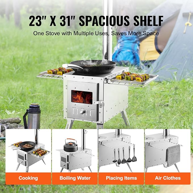 VEVOR Camping Wood Stove Stainless Steel Camping Tent Stove, Portable Wood Burning Stove with Chimney Pipes & Gloves, 1646in³Firebox Hot Tent Stove for Outdoor Cooking and Heating with 8 Pipes