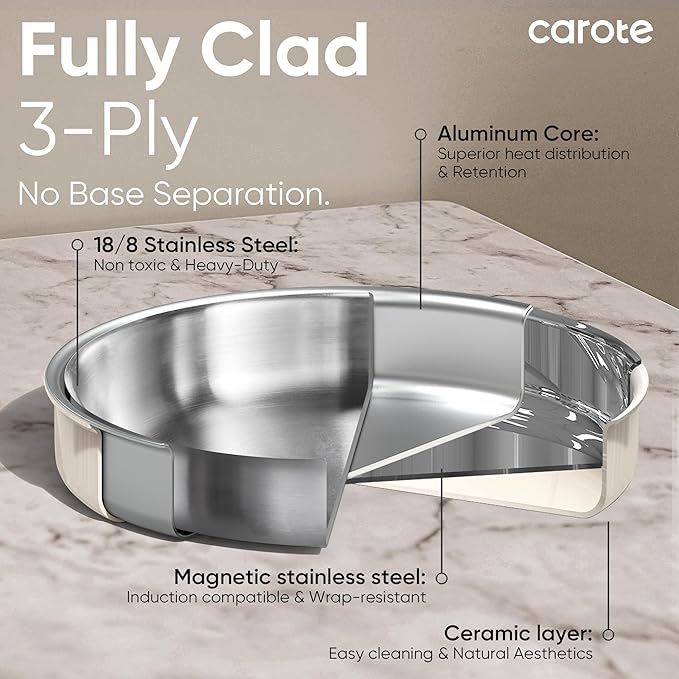 CAROTE 14pcs Pots and Pans Set, Stainless Steel Cookware Set Detachable Handle, Induction Kitchen Cookware Sets with Removable Handle, RV Cookware Set, Oven Safe, Camping Cookware, White