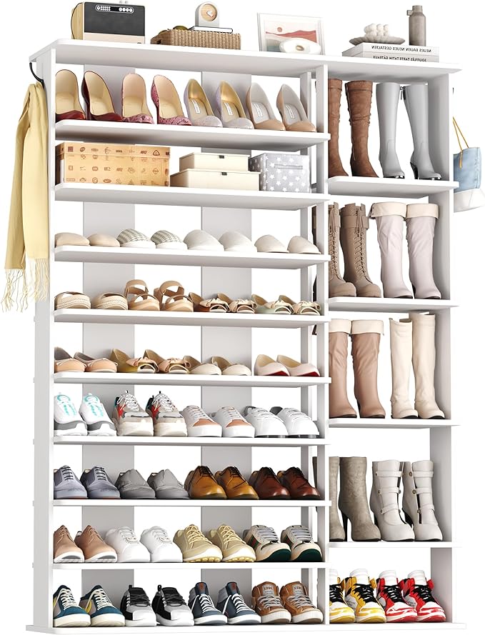 HOMEFORT 10 Tiers Shoe Rack, 50 Pairs Large Shoe Shelf, 61.8" Tall Shoe Tower, Freestanding Shoe Rack Organizer with Open Shelves, Wood Shoe Stand for Boot Storage, for Closet, Entryway, White