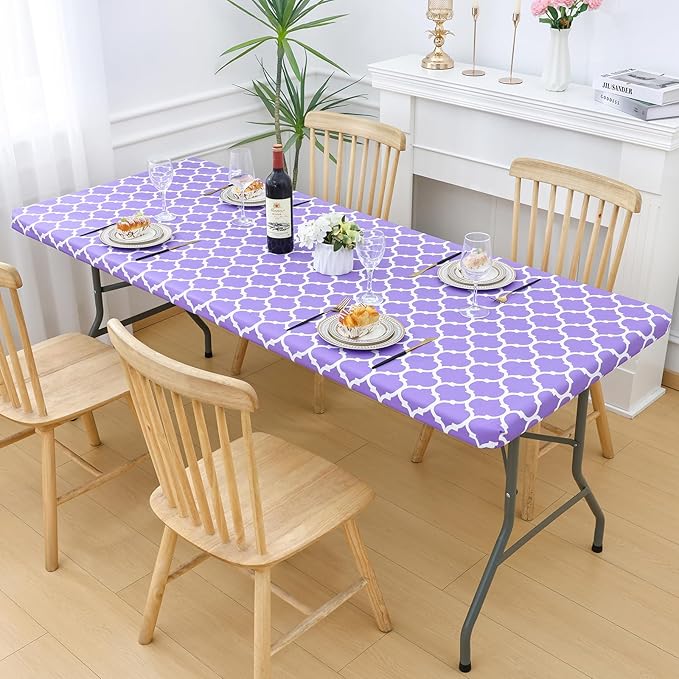 Smiry Rectangle Picnic Table Cover, Waterproof Elastic Fitted Camping Tablecloths for 6 Foot Tables, Wipeable Flannel Backed Vinyl Tablecloth Protector for Indoor, Outdoor (Lavender, 30x72 Inches)