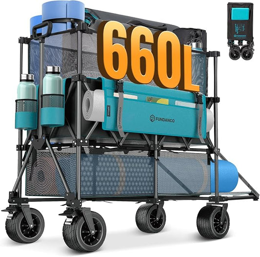 FUNDANGO Double Decker Wagon – 660L Extra High Extender Collapsible Wagons Carts Foldable Heavy Duty with Tailgate, Brakes & All-Terrain Big Wheels for Sports, Camping, Grocery Shopping, Blue